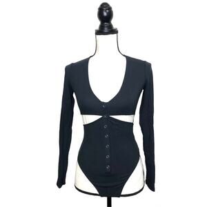 Fleur Du Mal Bodysuit Slash Cutout Front Snap Long Sleeve Black Jersey Stretch